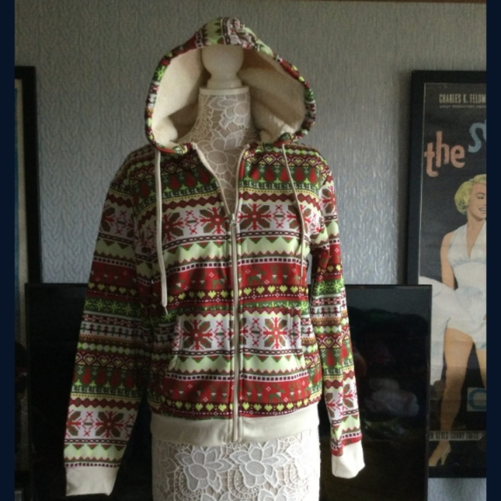 Festive Hooded Zip-Up Sweater. SIZE SMALL. With Pockets.